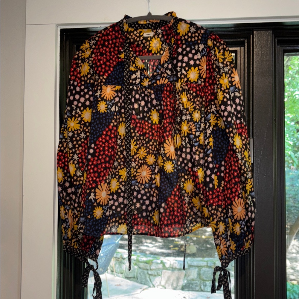 Warm Floral Blouse tie neck size small